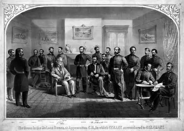 Robert E. Lee surrenders to Ulysses Grant in 1865. Lithograph print by Major & Knapp 1867, commissioned by Wilmer McLean in whose parlor at Appomattox Court House it took place.
