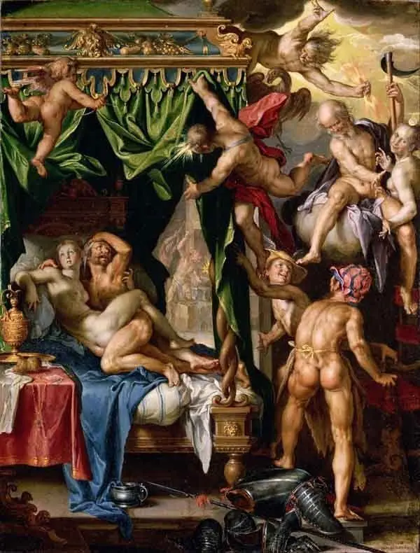 The love of Mars and Venus discovered by the other gods. Painting by Joachim Wtewael, 1604.