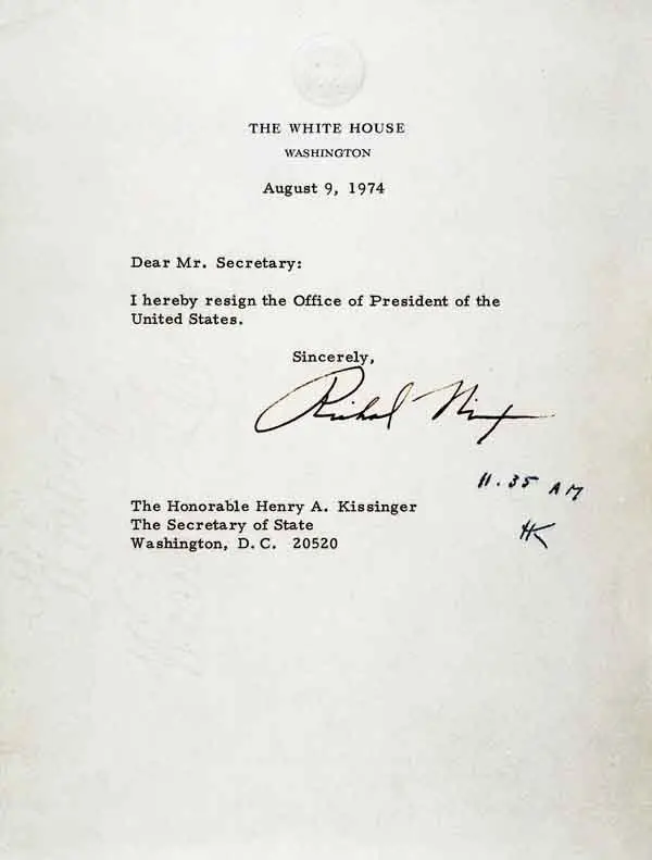 Richard Nixon's letter of resignation, sent in accordance with procedure to State Secretary Henry Kissinger on August 9th, 1974.