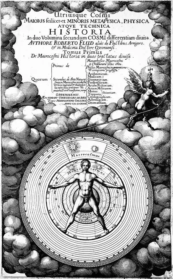 Vitruvian man. Frontispiece by Theodore de Bry to Robert Fludd's Utriusque Cosmi, 1617.