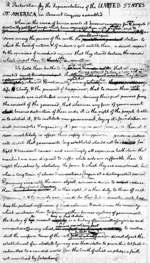 The first page of Thomas Jefferson's draft of the Declaration of Independence, 1776.