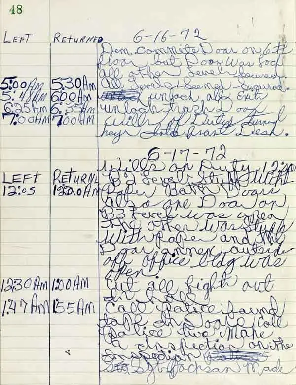 Log book page of Watergate security guard Frank Willis on June 17th 1972, when he called the police about a burglary at 1:47 AM.