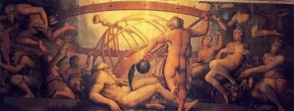 The castration of the god Uranus by his son Saturn. Painting by Giorgio Vasari and Gherardi Christofano, c. 1560.